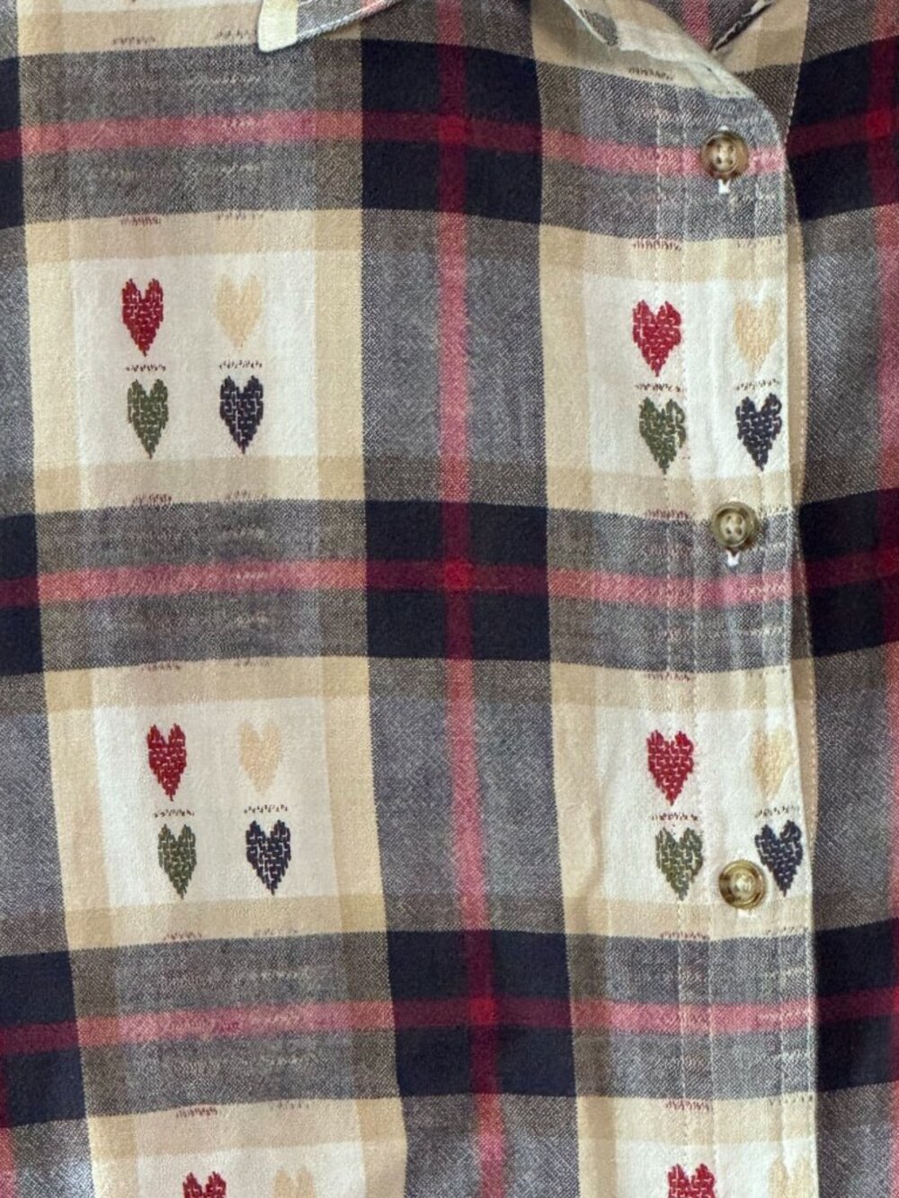 Vintage 80s Plaid Woven Hearts Cotton Short Sleeve Shirt Button Front - M - Picture 8 of 14